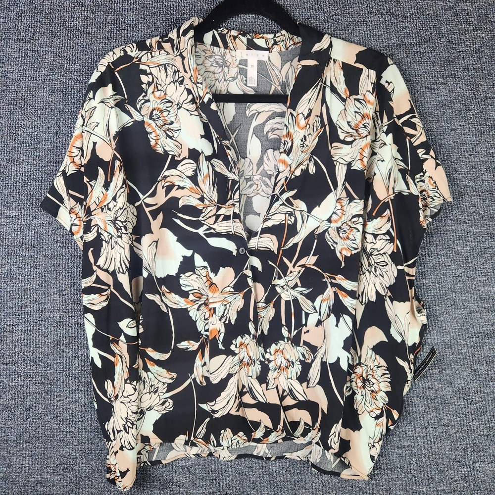 Leith Black Aura Floral‎ Faux Wrap Cap Sleeve Top 2X